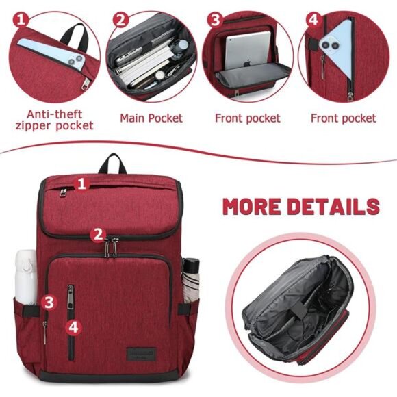 Laptop Backpacks with USB Charging Port Red - Picture 2 of 6